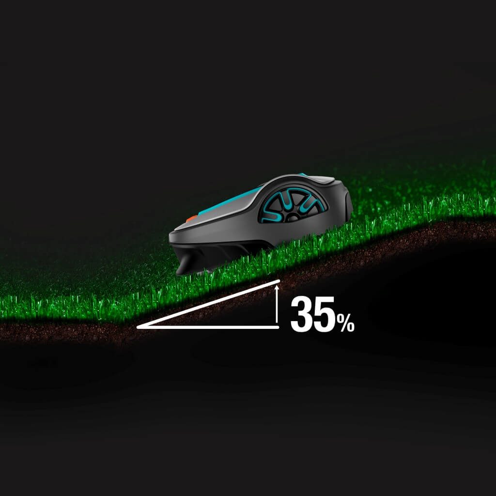 Schéma de la tondeuse robot Gardena Sileno qui affiche l'angle de la pente du terrain